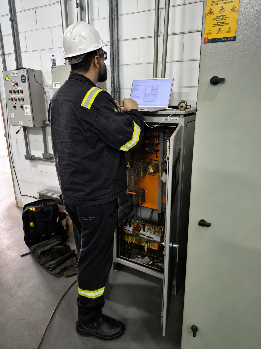 Técnico analisando dados de qualidade de energia no notebook