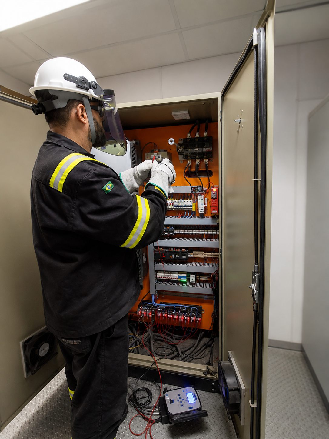 Técnico realizando levantamento de consumo em painel elétrico