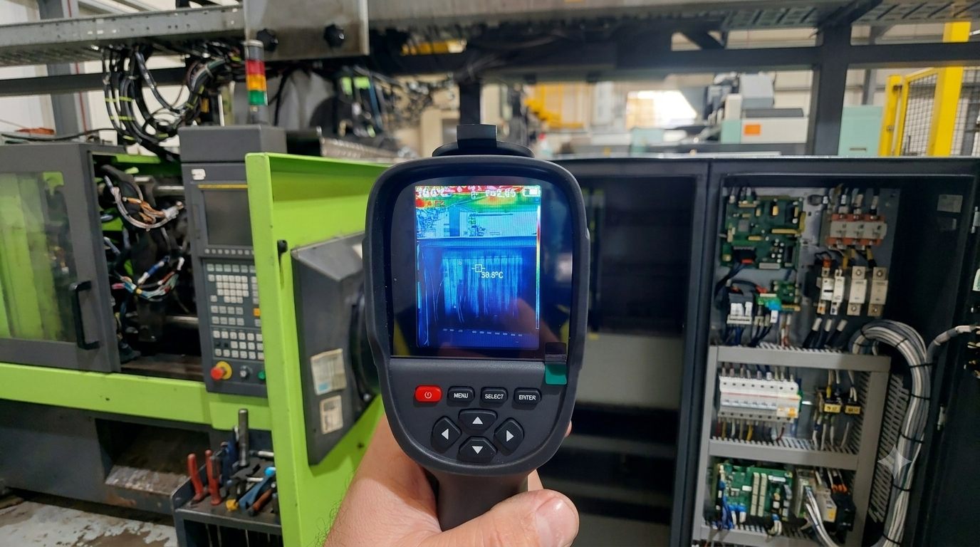 Câmera termográfica em inspeção de painel de máquina